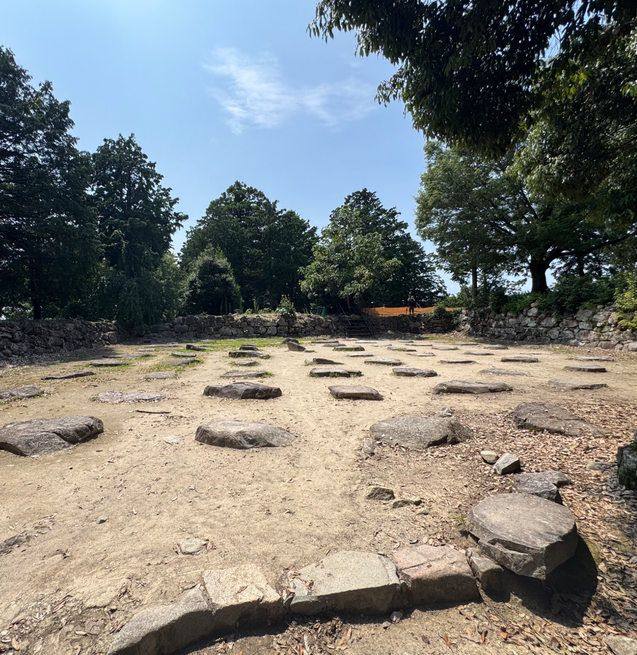 木々に囲まれた安土城天主跡に並ぶ礎石