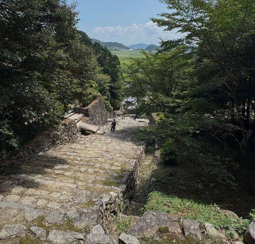木々の間を平野へと下る安土城の石の道
